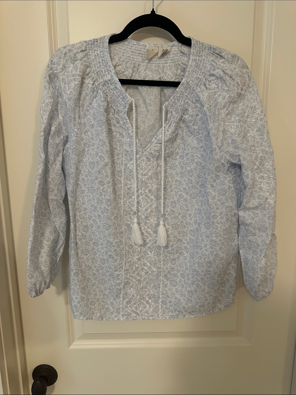 Joie Light Blue Printed Peasant Blouse with Tassel Tie